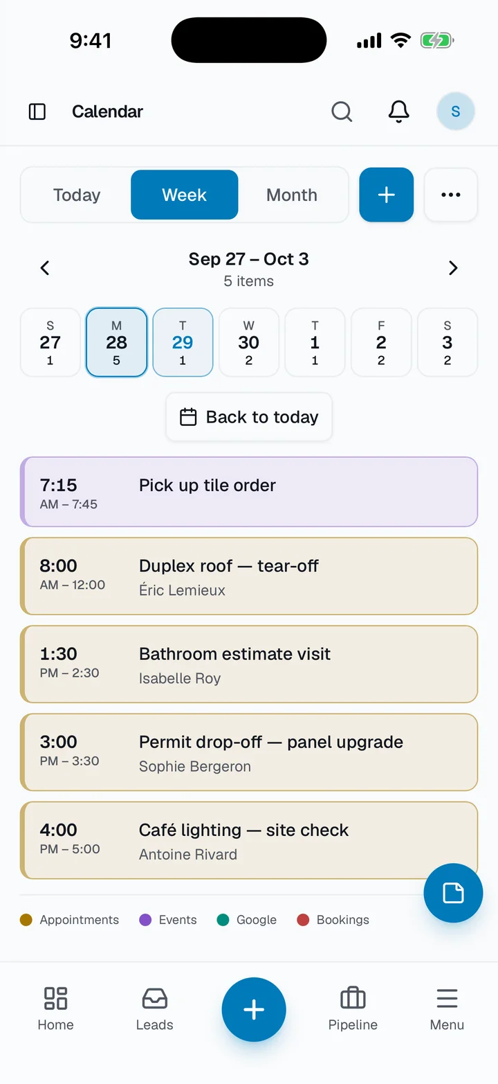 The calendar: a week of site visits, estimate appointments and errands.