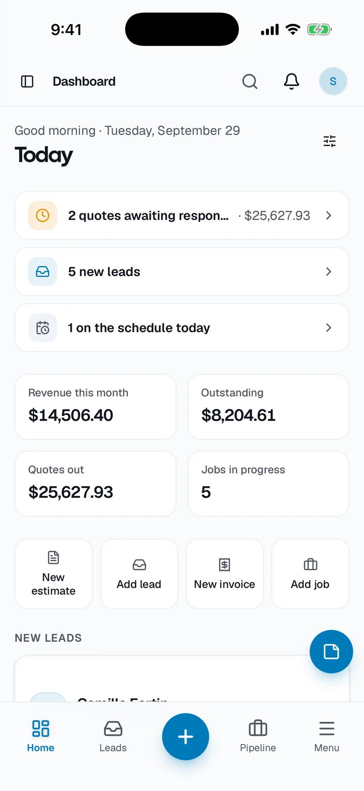 The Quote dashboard: quotes awaiting a response, new leads, today's schedule, revenue and outstanding balances.