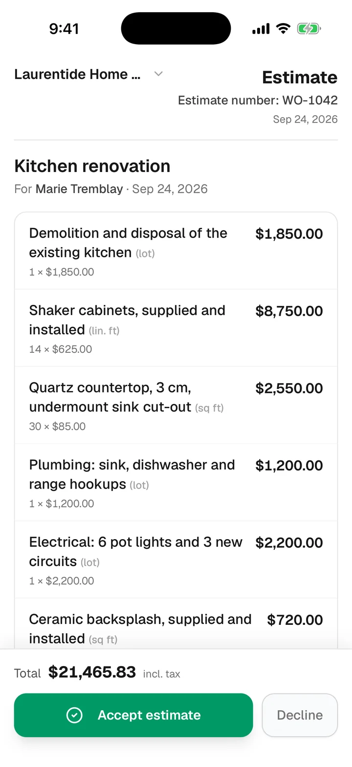 A customer's estimate in Quote: line items, the total including tax, and an Accept estimate button.