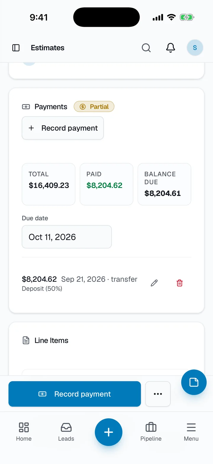 An invoice that's half paid: the total, the 50% deposit received, and the balance due.