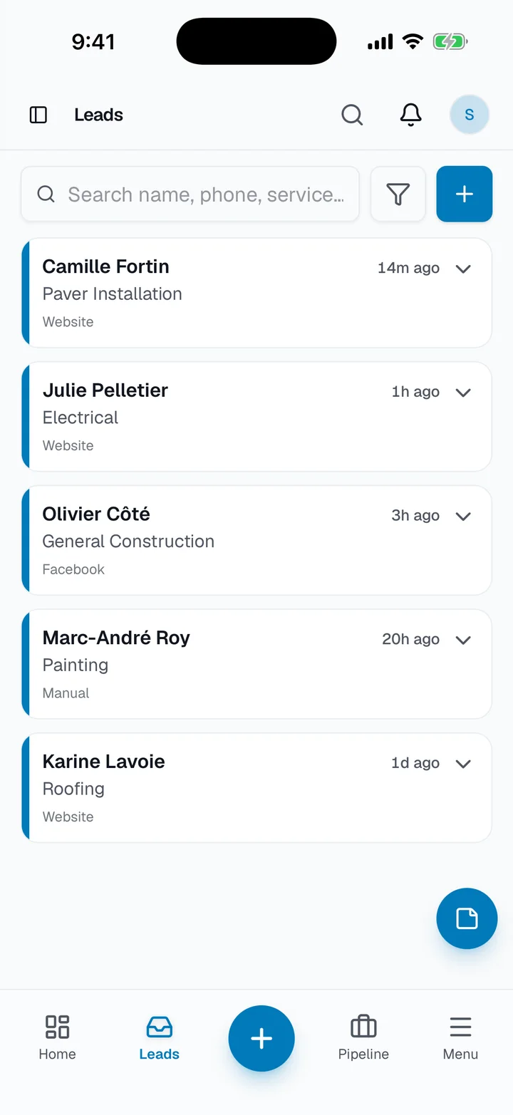 The leads inbox: five new requests with the service asked for and where each came from.