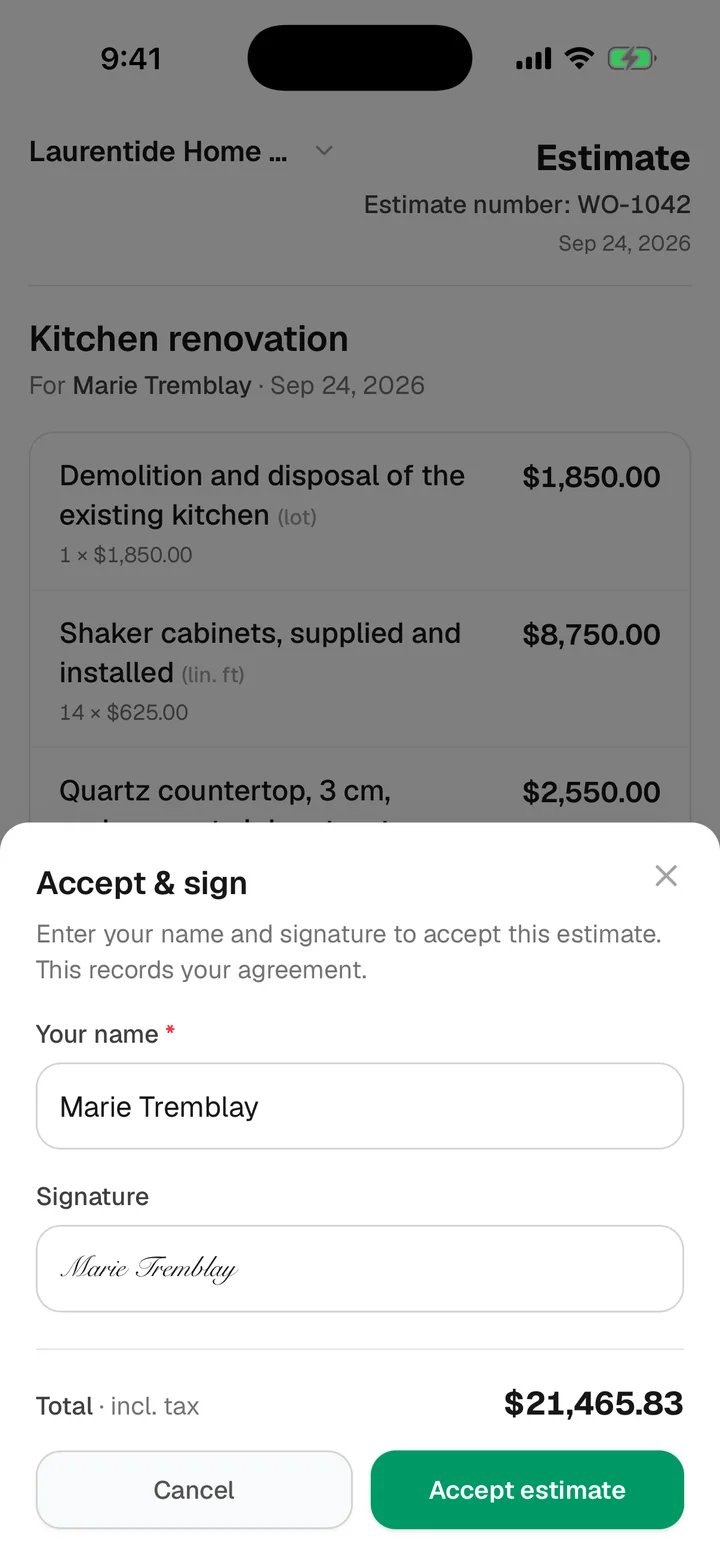 The Accept & sign sheet: the customer's name, their signature, the total including tax and an Accept estimate button.